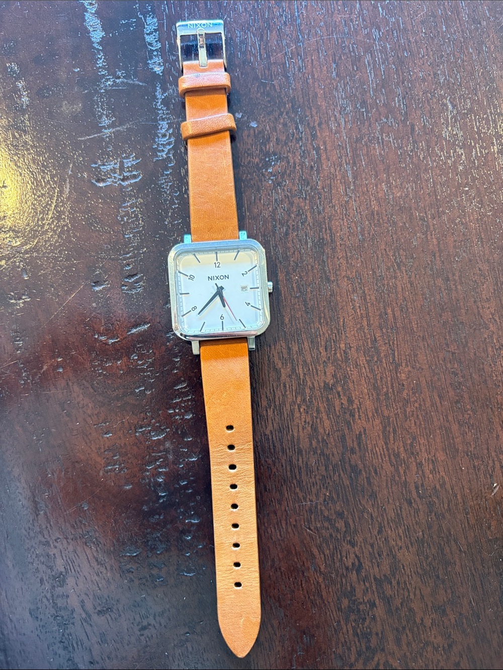 Nixon Silver Square Case Watch with Tan Leather Strap